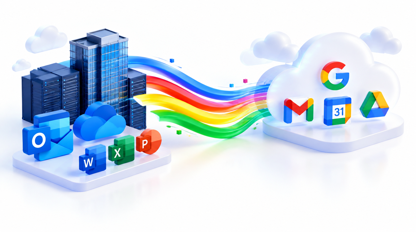 Mail, calendar, and documents crossing a bridge from a corporate office tower to a colorful cloud workspace
