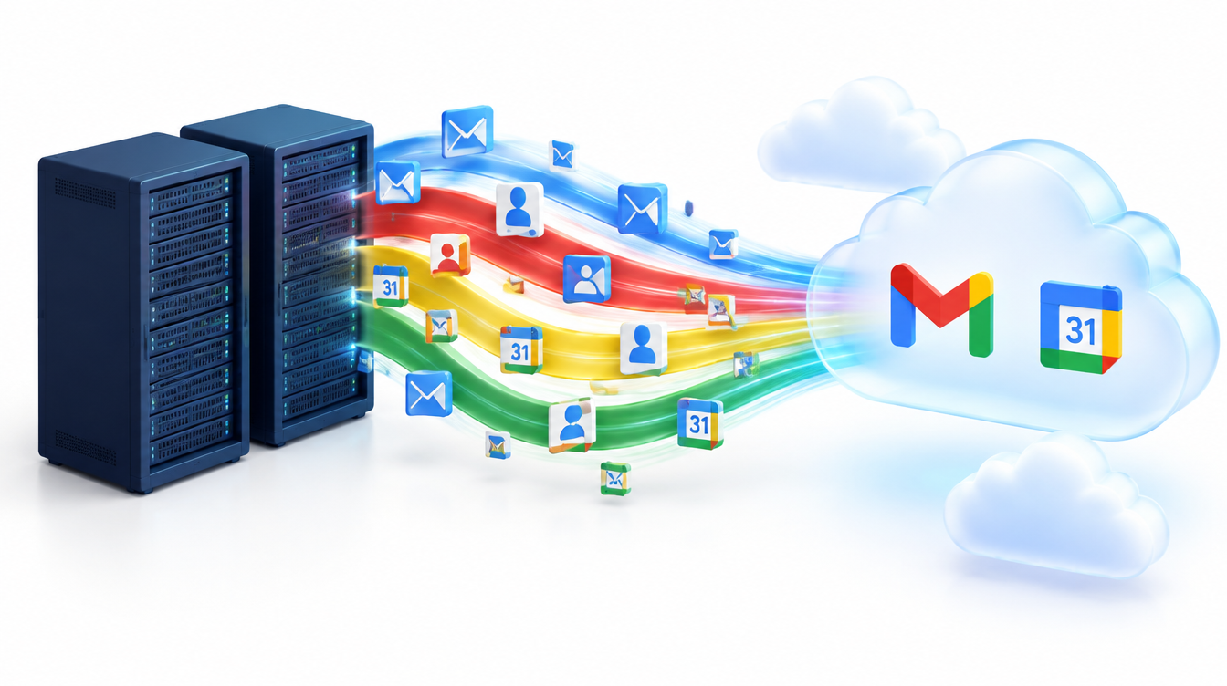Mailbox data lifting off an on-premises server rack and arcing into the cloud